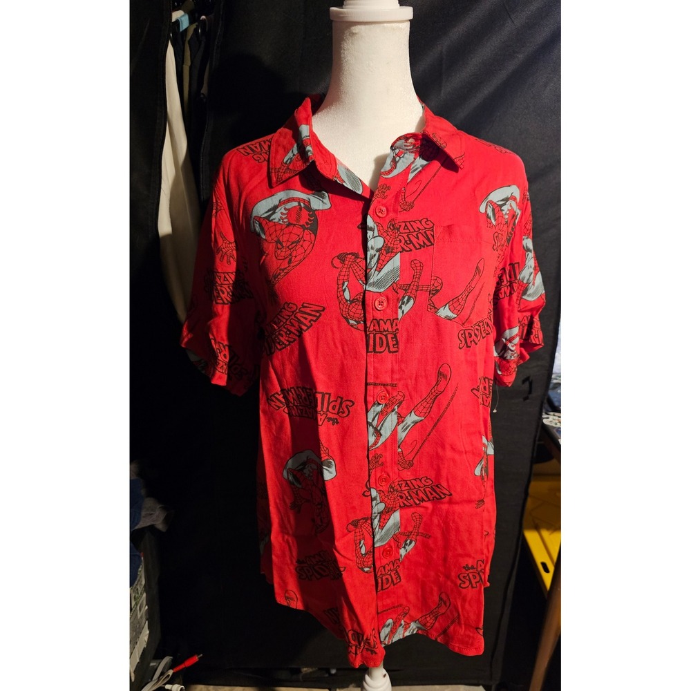 Marvel Amazing Spider-Man Button Up Shirt Comic Book‎ Hero Red L